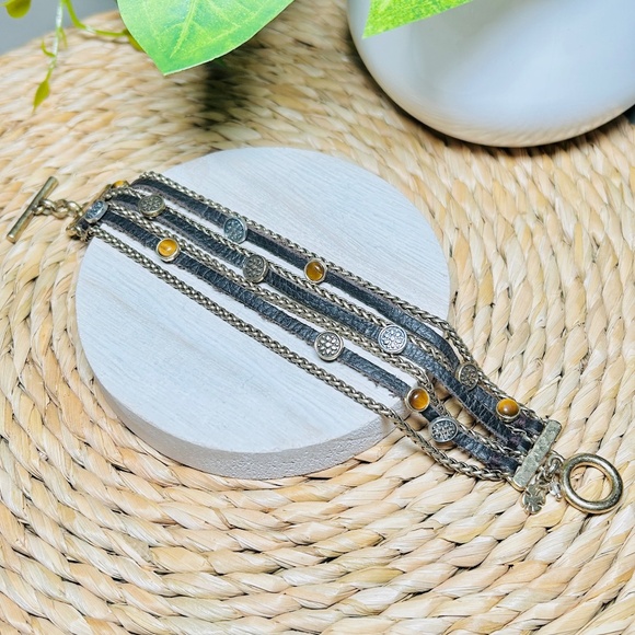 LUCKY Brand Multi Strand Tigers Eye Brown Suede & Brass Tone Chain Bracelet - Picture 2 of 11